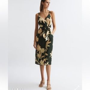 Reiss Dark Green Floral Midi Dress with Cream Print